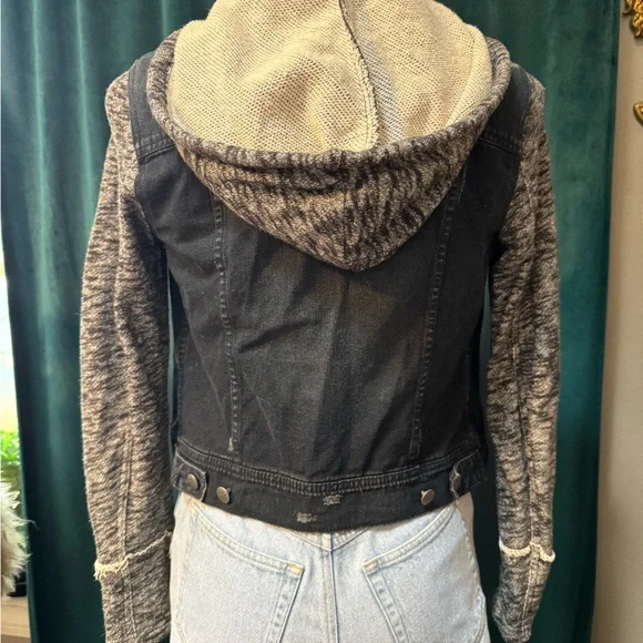 Free People Black Denim Jacket with Gray Knit Sleeves - Picture 3 of 4